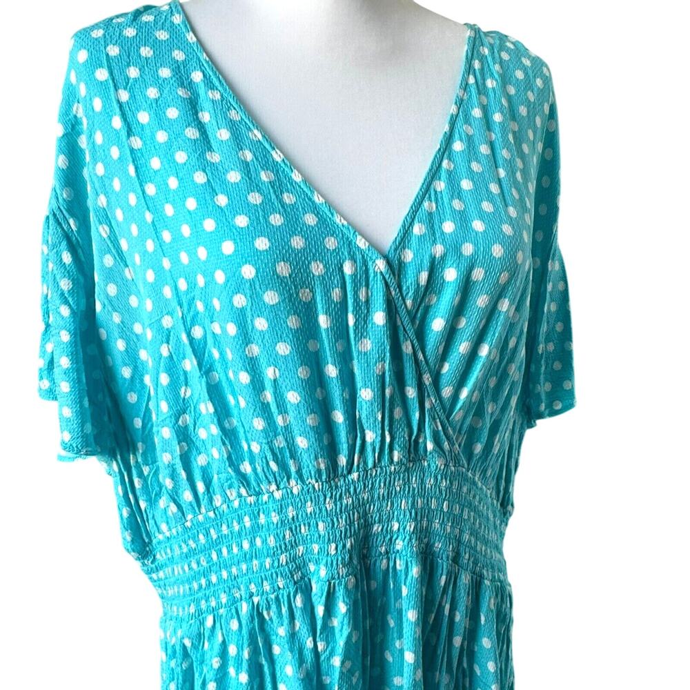 MICHAEL KORS Women's 3X Turquoise Georgette White Polka Dot Faux Wrap Midi Dress